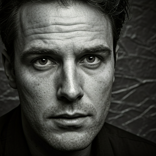 Moody high-contrast black and white portrait of a man with expressive eyes leaning against a dark textured background with soft lighting