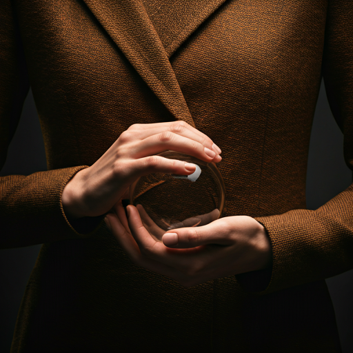 Close up of high fashion fabric textures and hands holding a minimalist glass object with diffused cinematic lighting