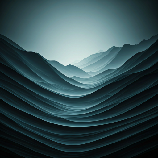 Abstract landscape of misty mountains in deep blue and charcoal tones with a cinematic hazy atmosphere